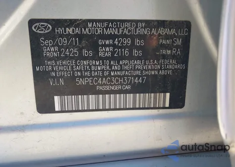 2012 Hyundai Sonata Se z USA, uszkodzony, nr VIN 5NPEC4AC3CH371447